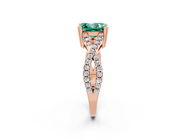 Rose gold Princess Cut Green Sapphire Solitaire Ring with Four-Prong Setting and Twisted Pavé Band