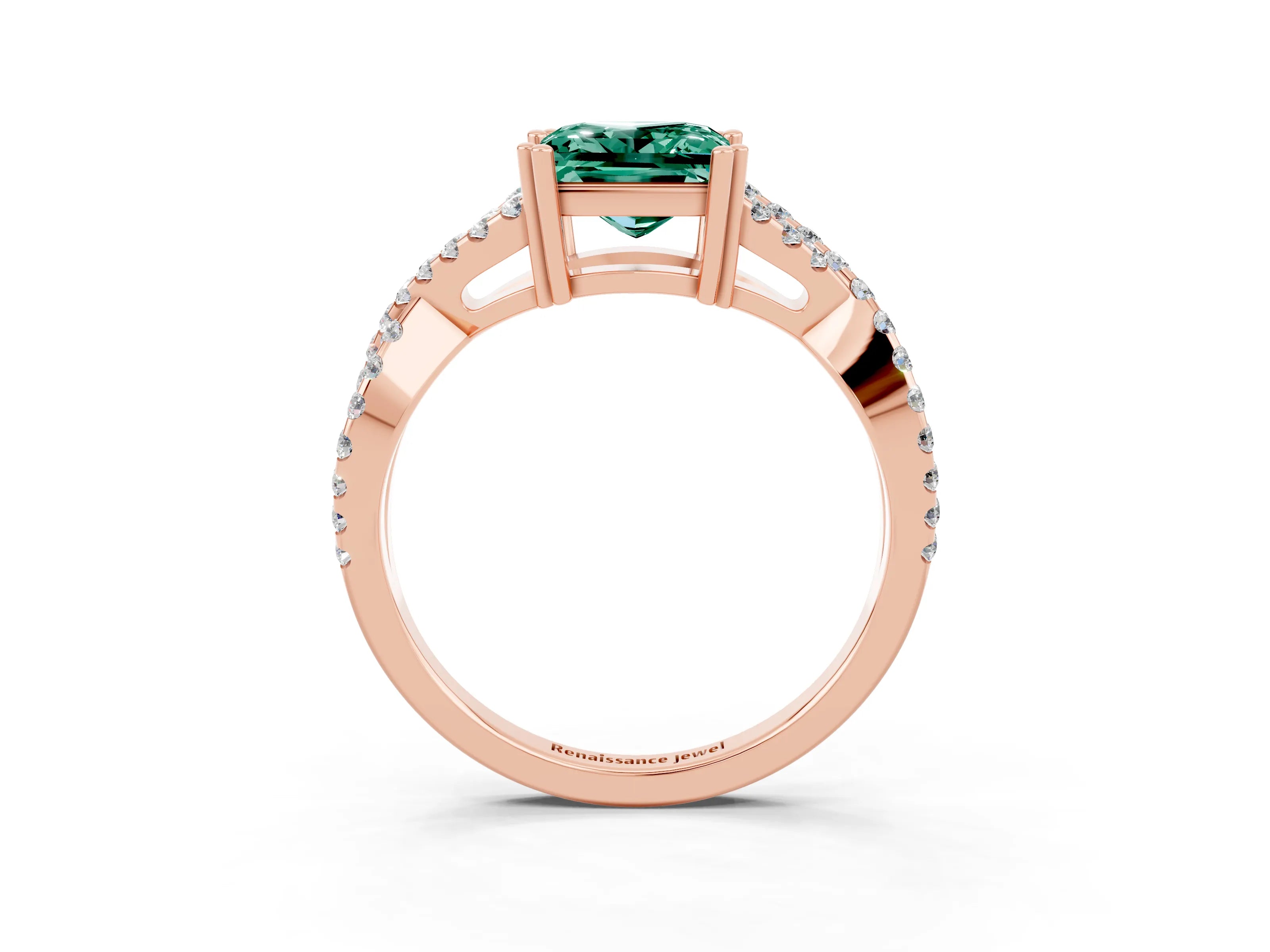 Rose gold Princess Cut Green Sapphire Solitaire Ring with Four-Prong Setting and Twisted Pavé Band_3