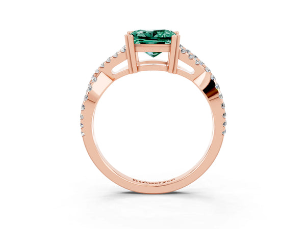 Rose gold Princess Cut Green Sapphire Solitaire Ring with Four-Prong Setting and Twisted Pavé Band