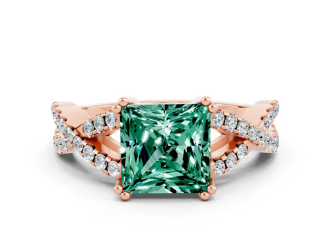 Rose gold Princess Cut Green Sapphire Solitaire Ring with Four-Prong Setting and Twisted Pavé Band