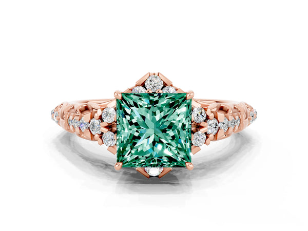 Rose gold Princess Cut Green Sapphire Solitaire Ring with Hidden Halo and Pavé Band