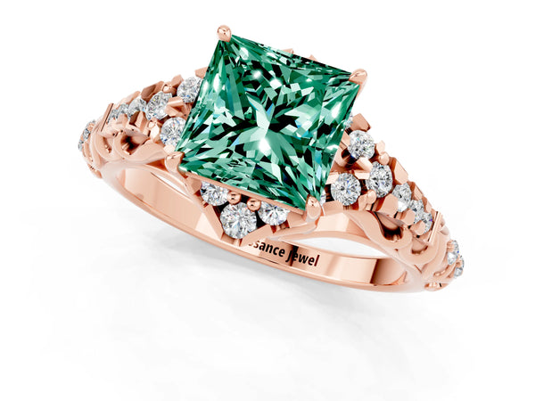 Rose gold Princess Cut Green Sapphire Solitaire Ring with Hidden Halo and Pavé Band