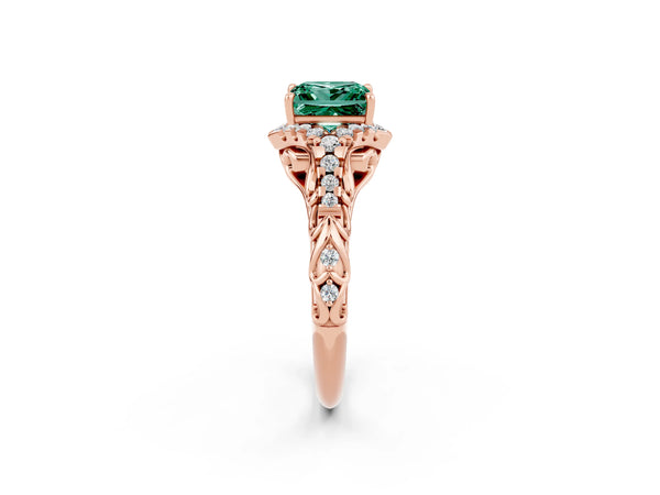 Rose gold Princess Cut Green Sapphire Solitaire Ring with Hidden Halo and Pavé Band