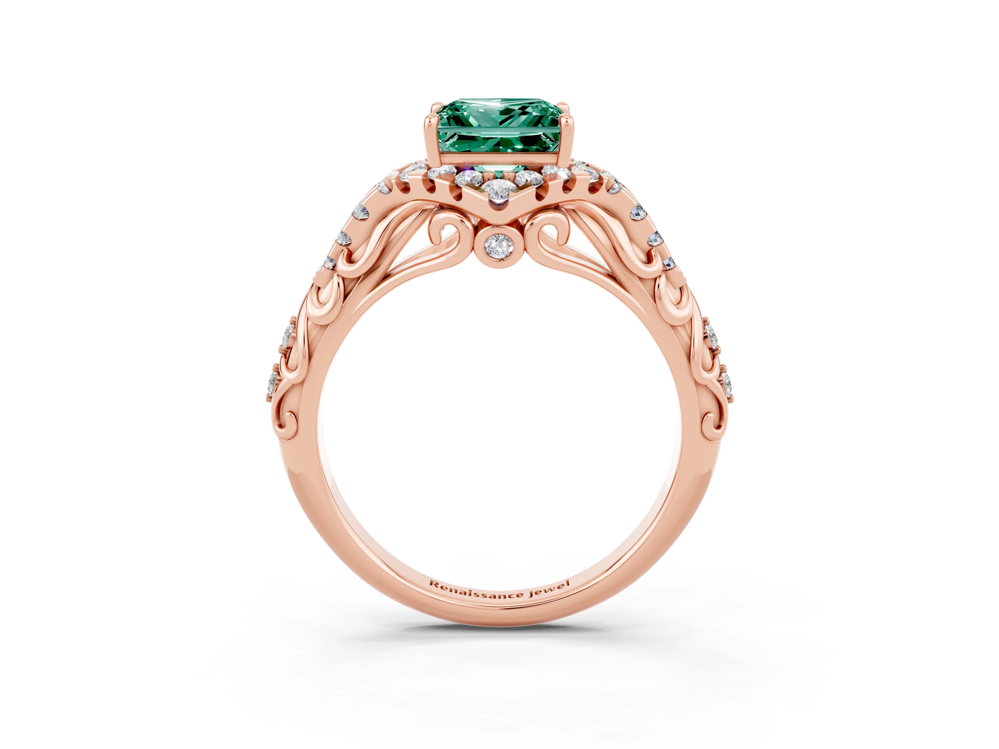 Rose gold Princess Cut Green Sapphire Solitaire Ring with Hidden Halo and Pavé Band_15
