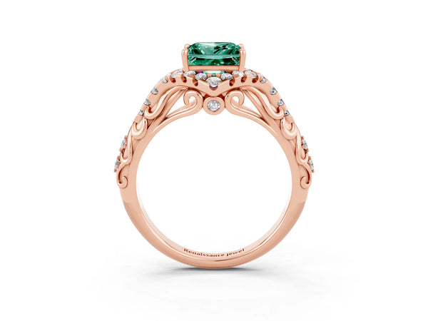 Rose gold Princess Cut Green Sapphire Solitaire Ring with Hidden Halo and Pavé Band