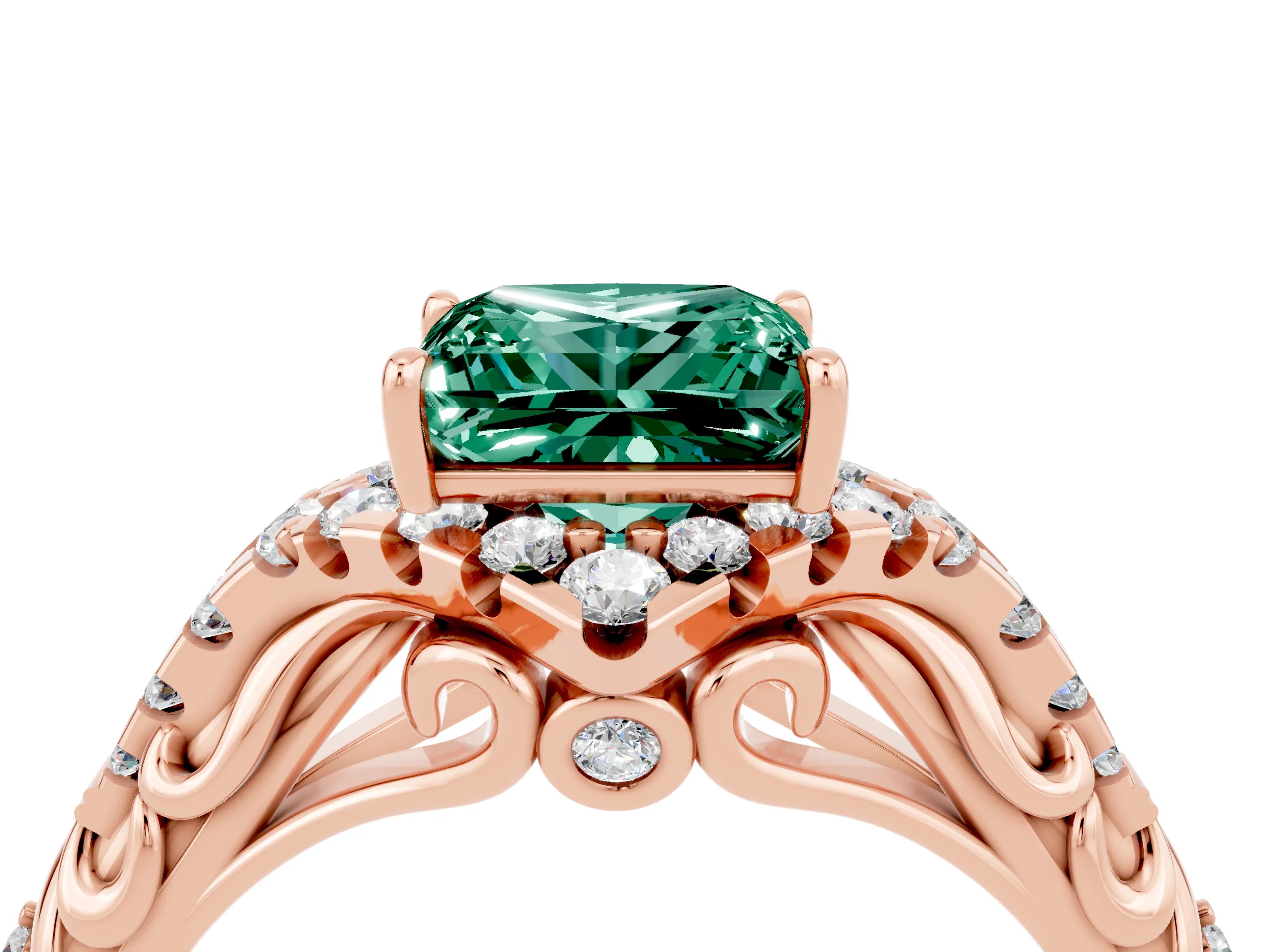 Rose gold Princess Cut Green Sapphire Solitaire Ring with Hidden Halo and Pavé Band_16