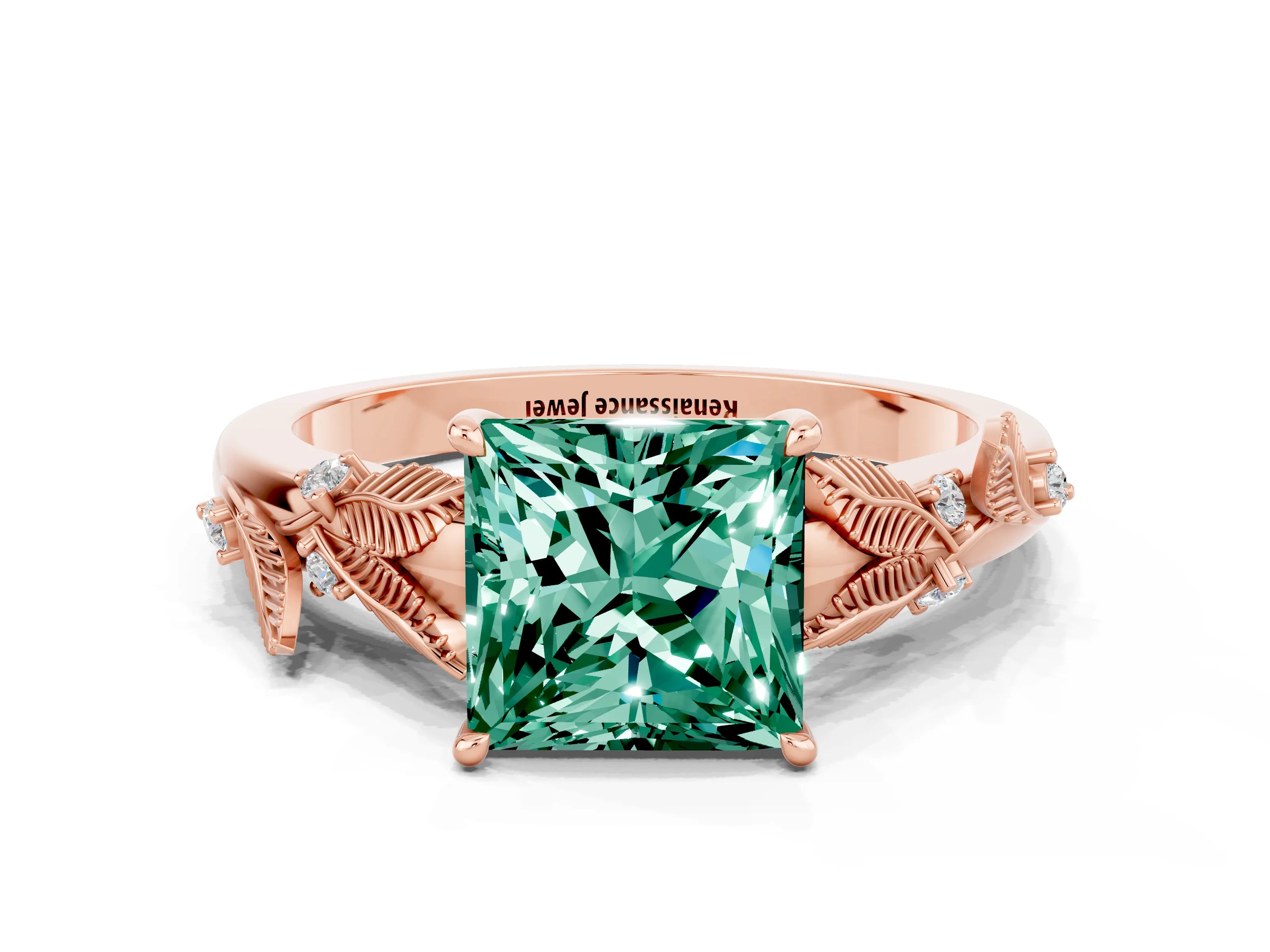 Rose gold Princess Cut Green Sapphire Solitaire Ring with Leaf Motif Band and Four-Prong Setting