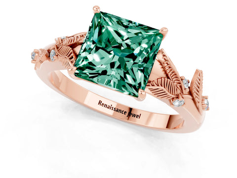 Rose gold Princess Cut Green Sapphire Solitaire Ring with Leaf Motif Band and Four-Prong Setting_1