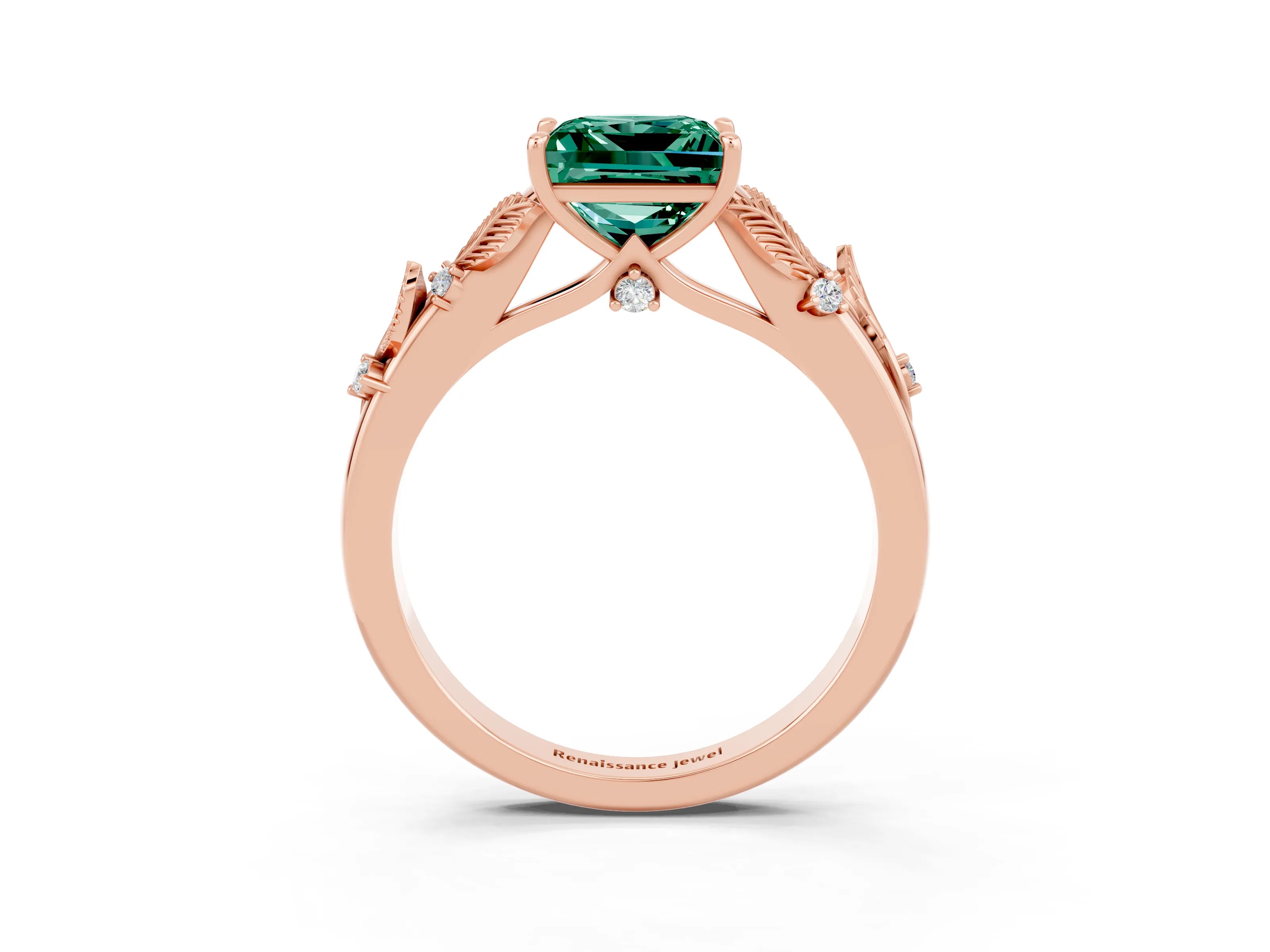 Rose gold Princess Cut Green Sapphire Solitaire Ring with Leaf Motif Band and Four-Prong Setting_3