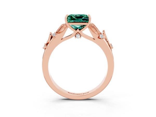 Rose gold Princess Cut Green Sapphire Solitaire Ring with Leaf Motif Band and Four-Prong Setting