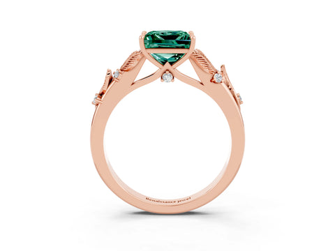 Rose gold Princess Cut Green Sapphire Solitaire Ring with Leaf Motif Band and Four-Prong Setting_3