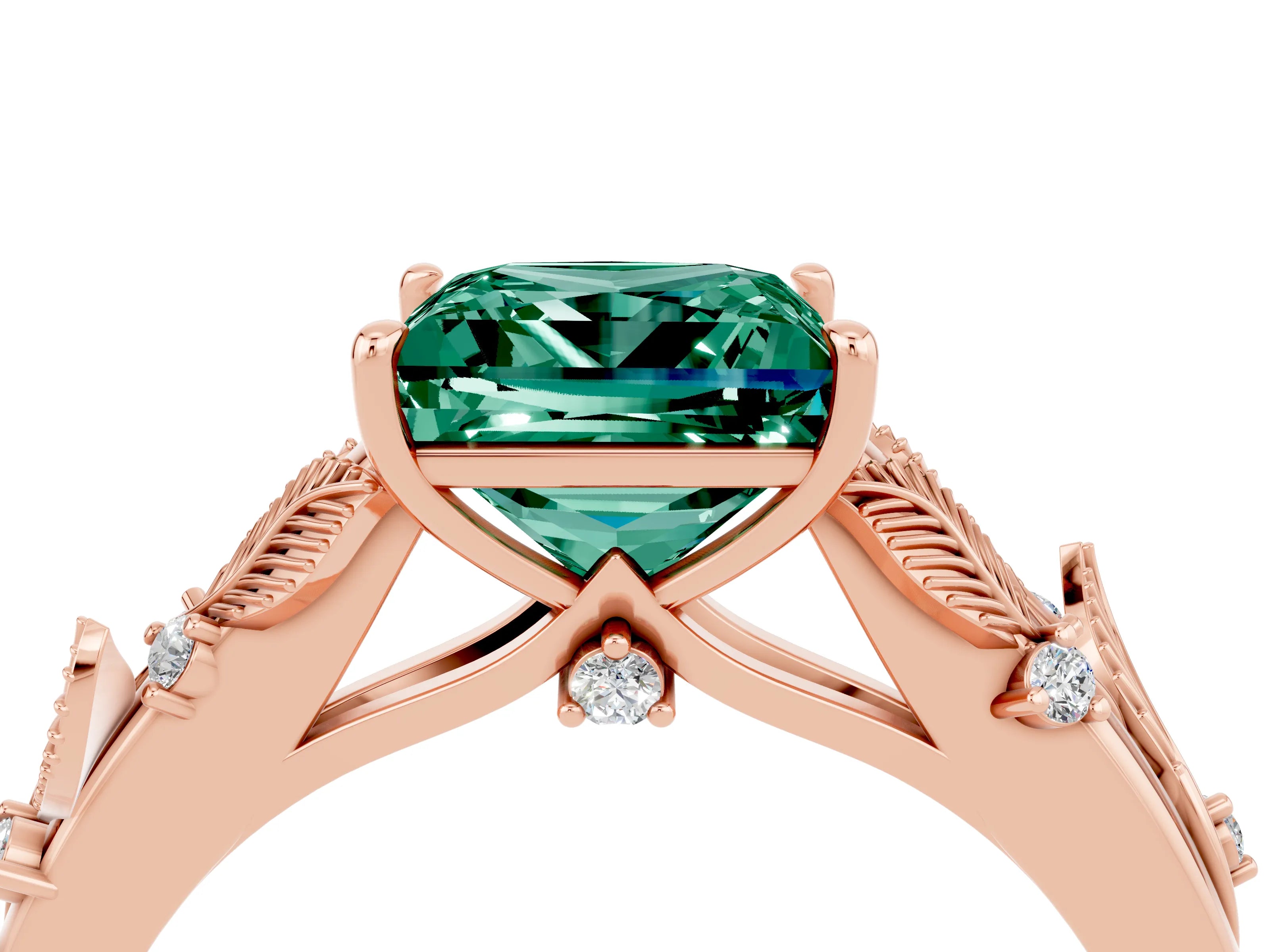 Rose gold Princess Cut Green Sapphire Solitaire Ring with Leaf Motif Band and Four-Prong Setting_4