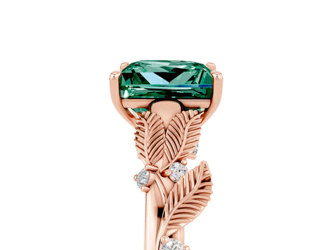 Rose gold Princess Cut Green Sapphire Solitaire Ring with Leaf Motif Band and Four-Prong Setting_5