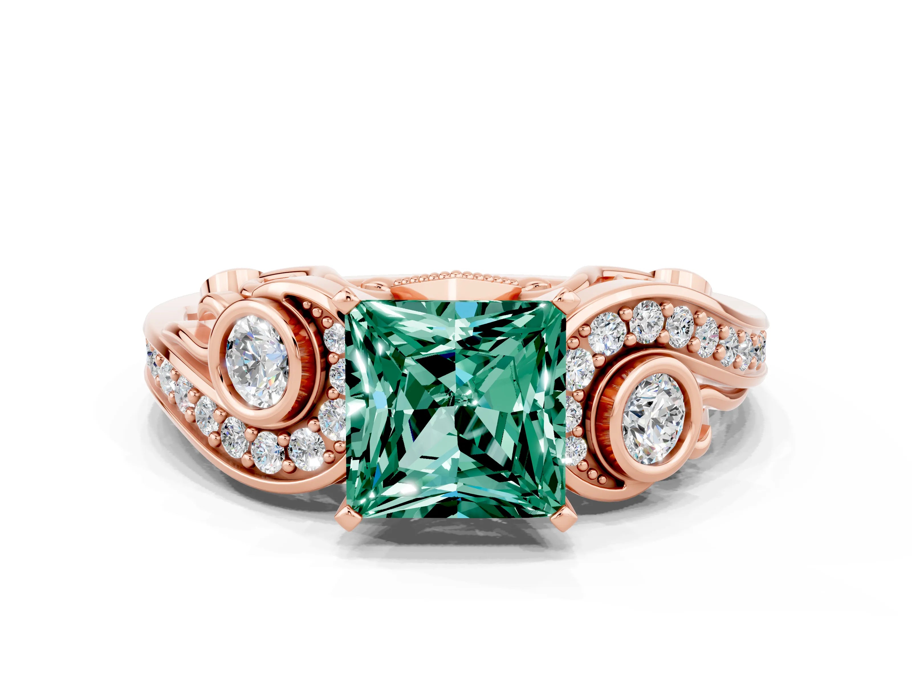 Rose gold Princess Cut Green Sapphire Solitaire Ring with Milgrain Pavé Band and Four-Prong Setting_24