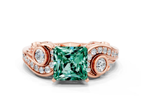 Rose gold Princess Cut Green Sapphire Solitaire Ring with Milgrain Pavé Band and Four-Prong Setting_24