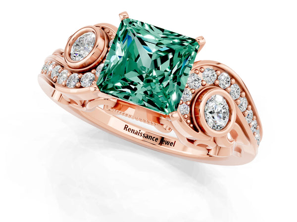 Rose gold Princess Cut Green Sapphire Solitaire Ring with Milgrain Pavé Band and Four-Prong Setting