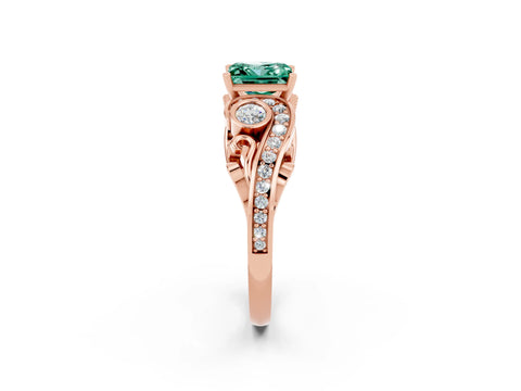 Rose gold Princess Cut Green Sapphire Solitaire Ring with Milgrain Pavé Band and Four-Prong Setting_26