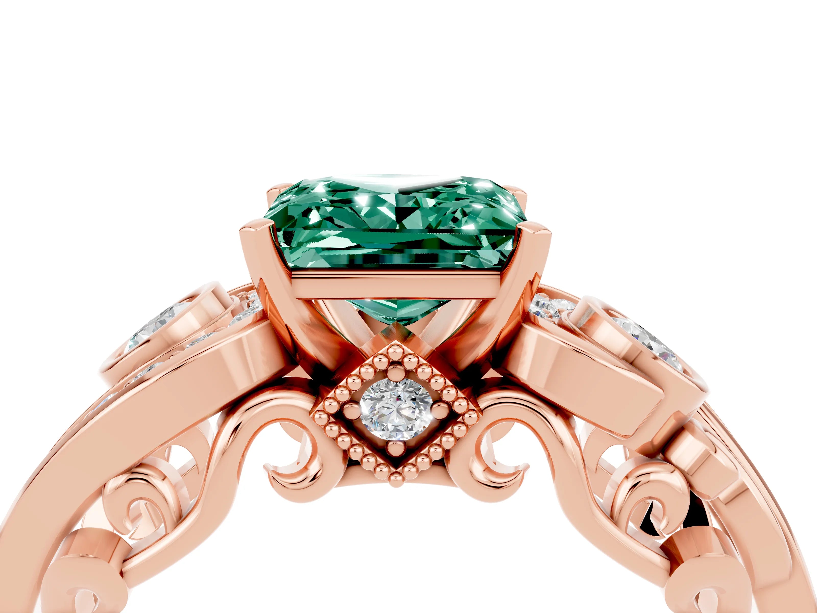 Rose gold Princess Cut Green Sapphire Solitaire Ring with Milgrain Pavé Band and Four-Prong Setting_28