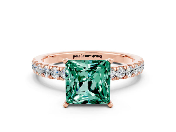 Rose gold Princess Cut Green Sapphire Solitaire Ring with Pavé Accents and Four-Prong Setting
