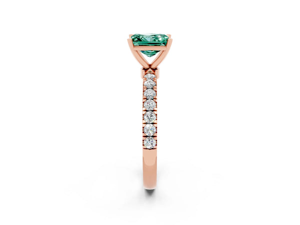 Rose gold Princess Cut Green Sapphire Solitaire Ring with Pavé Accents and Four-Prong Setting