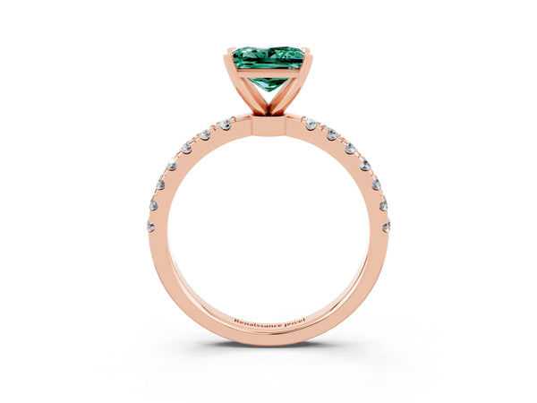 Rose gold Princess Cut Green Sapphire Solitaire Ring with Pavé Accents and Four-Prong Setting