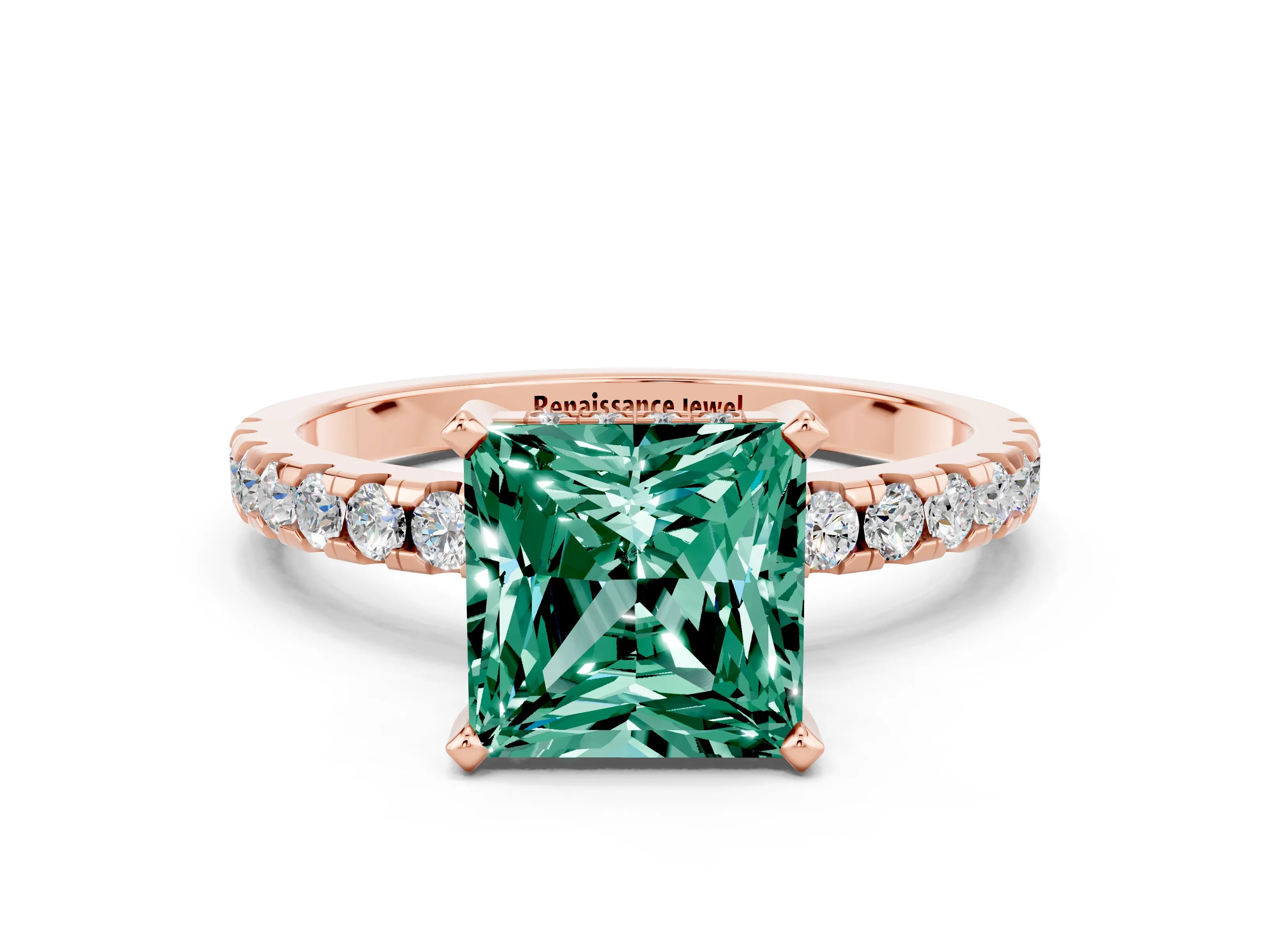 Rose gold Princess Cut Green Sapphire Solitaire Ring with Pavé Band and Four-Prong Setting_24