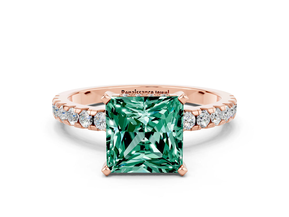 Rose gold Princess Cut Green Sapphire Solitaire Ring with Pavé Band and Four-Prong Setting_24