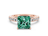 Rose gold Princess Cut Green Sapphire Solitaire Ring with Pavé Band and Four-Prong Setting_24