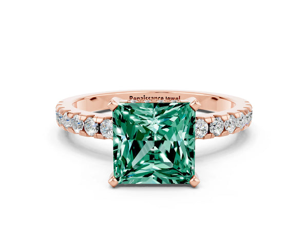 Rose gold Princess Cut Green Sapphire Solitaire Ring with Round  Pavé Band and Four-Prong Setting