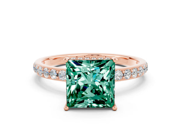 Rose gold Princess Cut Green Sapphire Solitaire Ring with Pavé Band and Hidden Halo