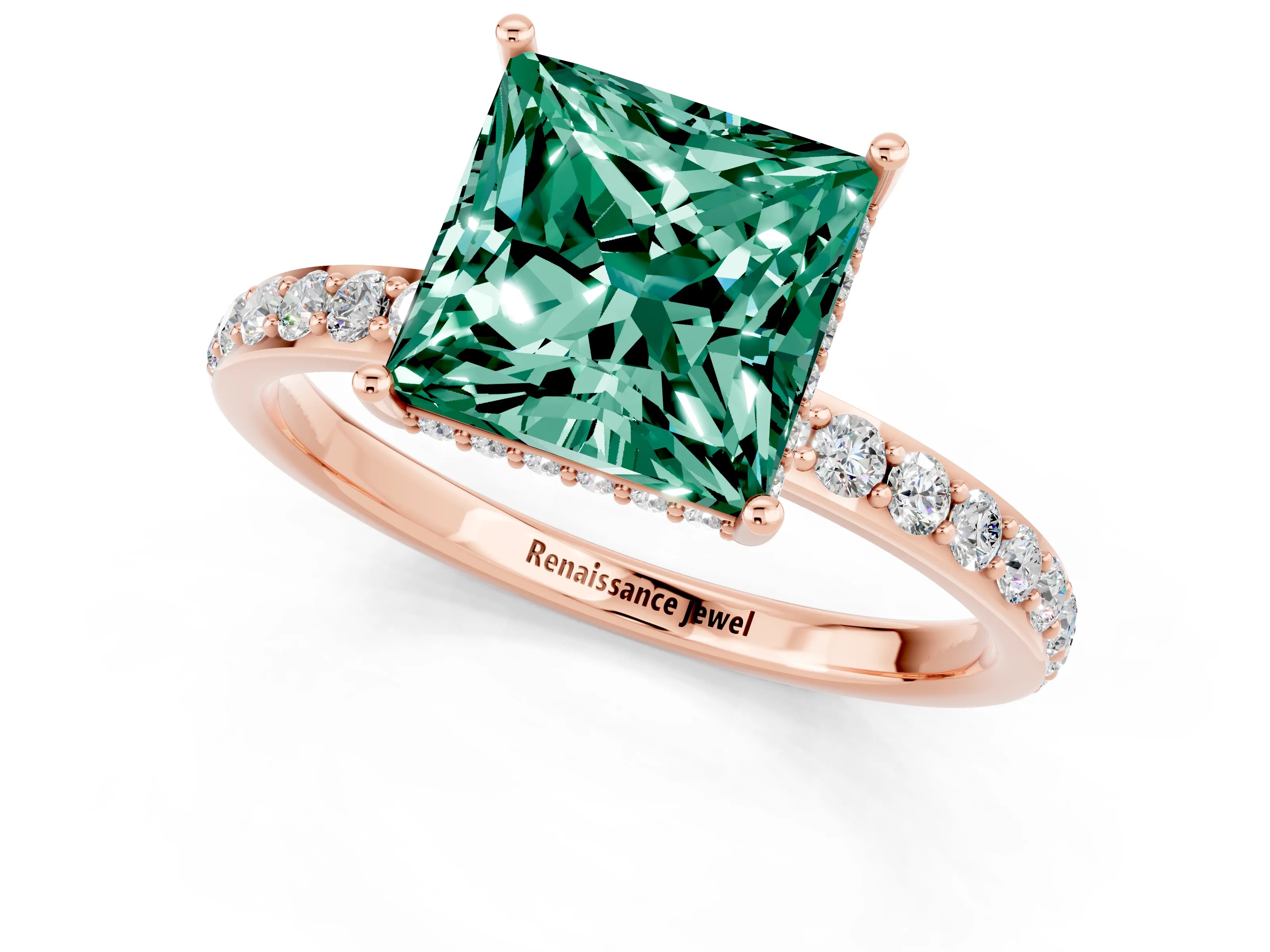 Rose gold Princess Cut Green Sapphire Solitaire Ring with Pavé Band and Hidden Halo_13