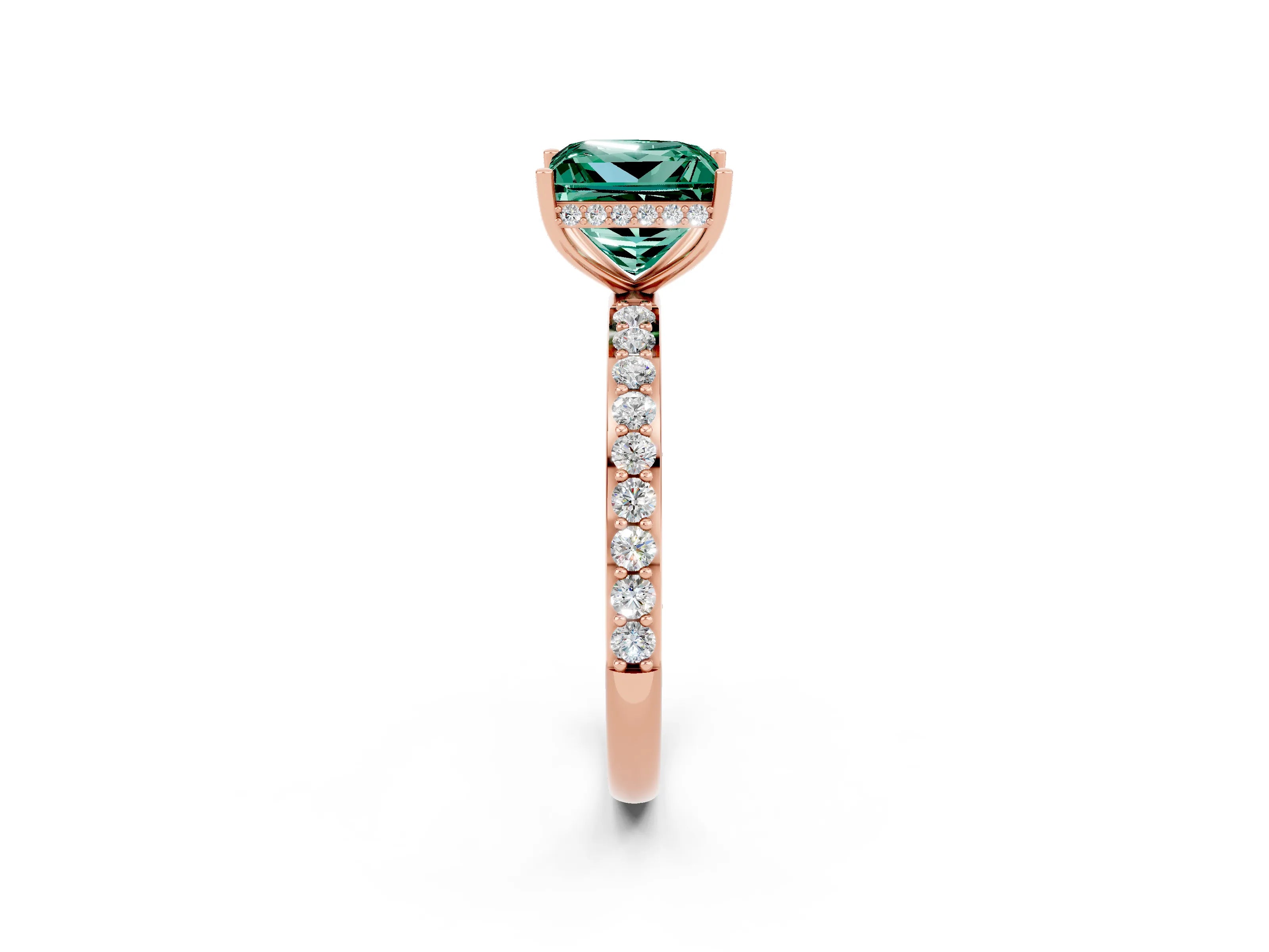 Rose gold Princess Cut Green Sapphire Solitaire Ring with Pavé Band and Hidden Halo_14