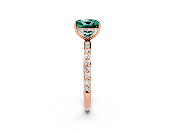 Rose gold Princess Cut Green Sapphire Solitaire Ring with Pavé Band and Hidden Halo