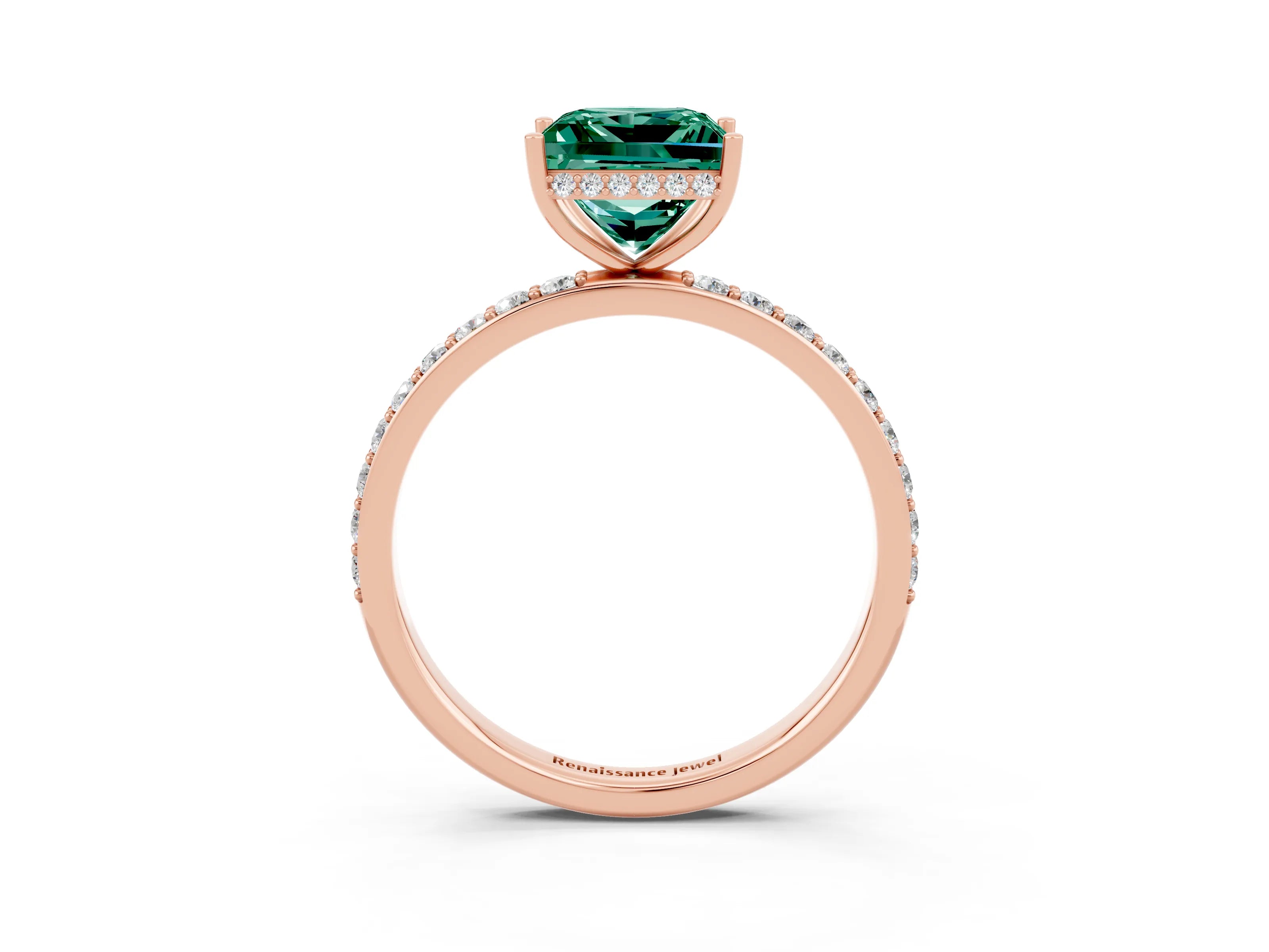 Rose gold Princess Cut Green Sapphire Solitaire Ring with Pavé Band and Hidden Halo_15