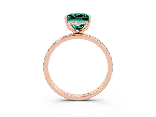 Rose gold Princess Cut Green Sapphire Solitaire Ring with Pavé Band and Hidden Halo