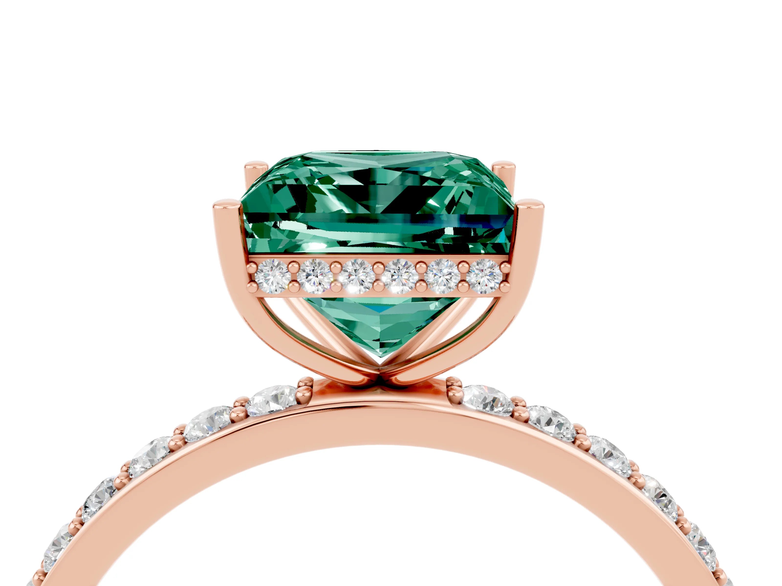 Rose gold Princess Cut Green Sapphire Solitaire Ring with Pavé Band and Hidden Halo_16
