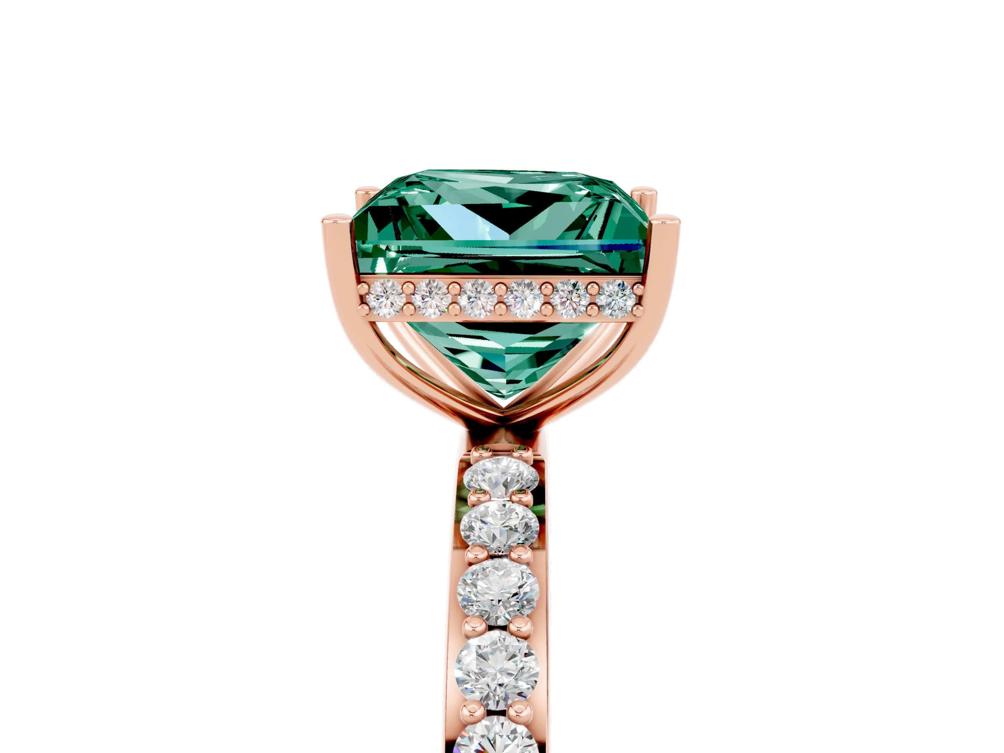 Rose gold Princess Cut Green Sapphire Solitaire Ring with Pavé Band and Hidden Halo_17