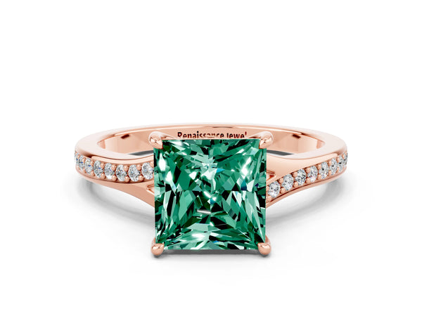 Rose gold Princess Cut Green Sapphire Solitaire Ring with Pavé Band and Prong Setting