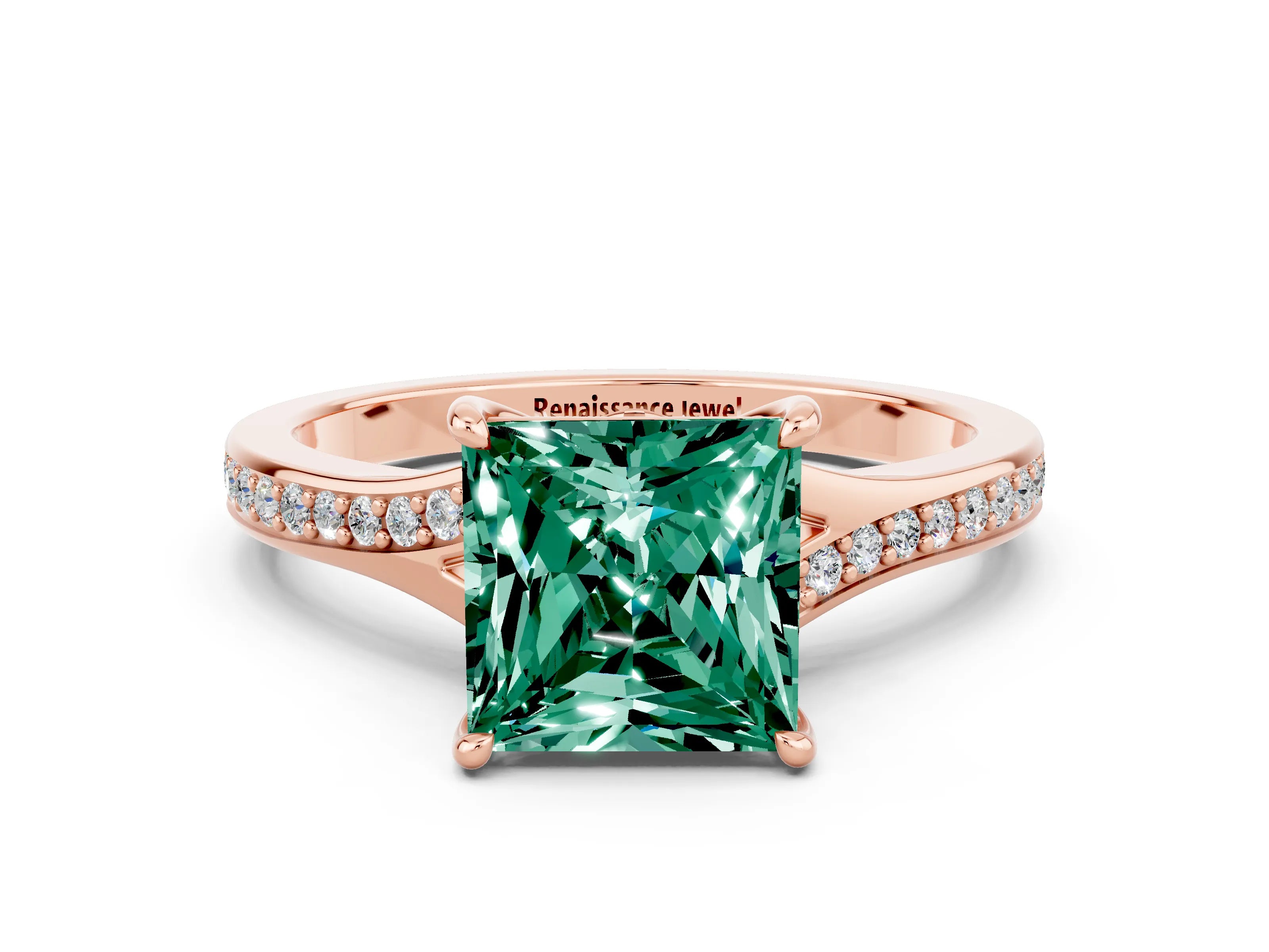 Rose gold Princess Cut Green Sapphire Solitaire Ring with Pavé Band and Prong Setting_12