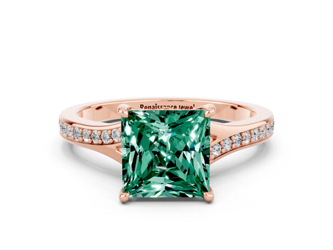 Rose gold Princess Cut Green Sapphire Solitaire Ring with Pavé Band and Prong Setting_12