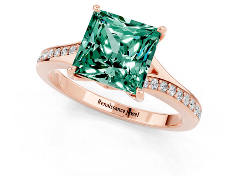 Rose gold Princess Cut Green Sapphire Solitaire Ring with Pavé Band and Prong Setting_13