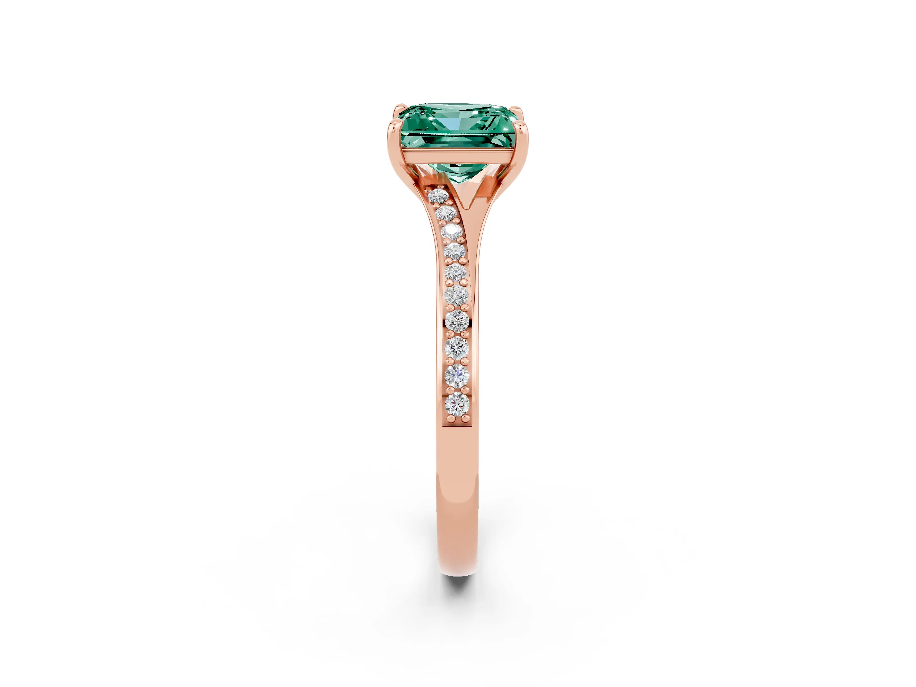 Rose gold Princess Cut Green Sapphire Solitaire Ring with Pavé Band and Prong Setting_14