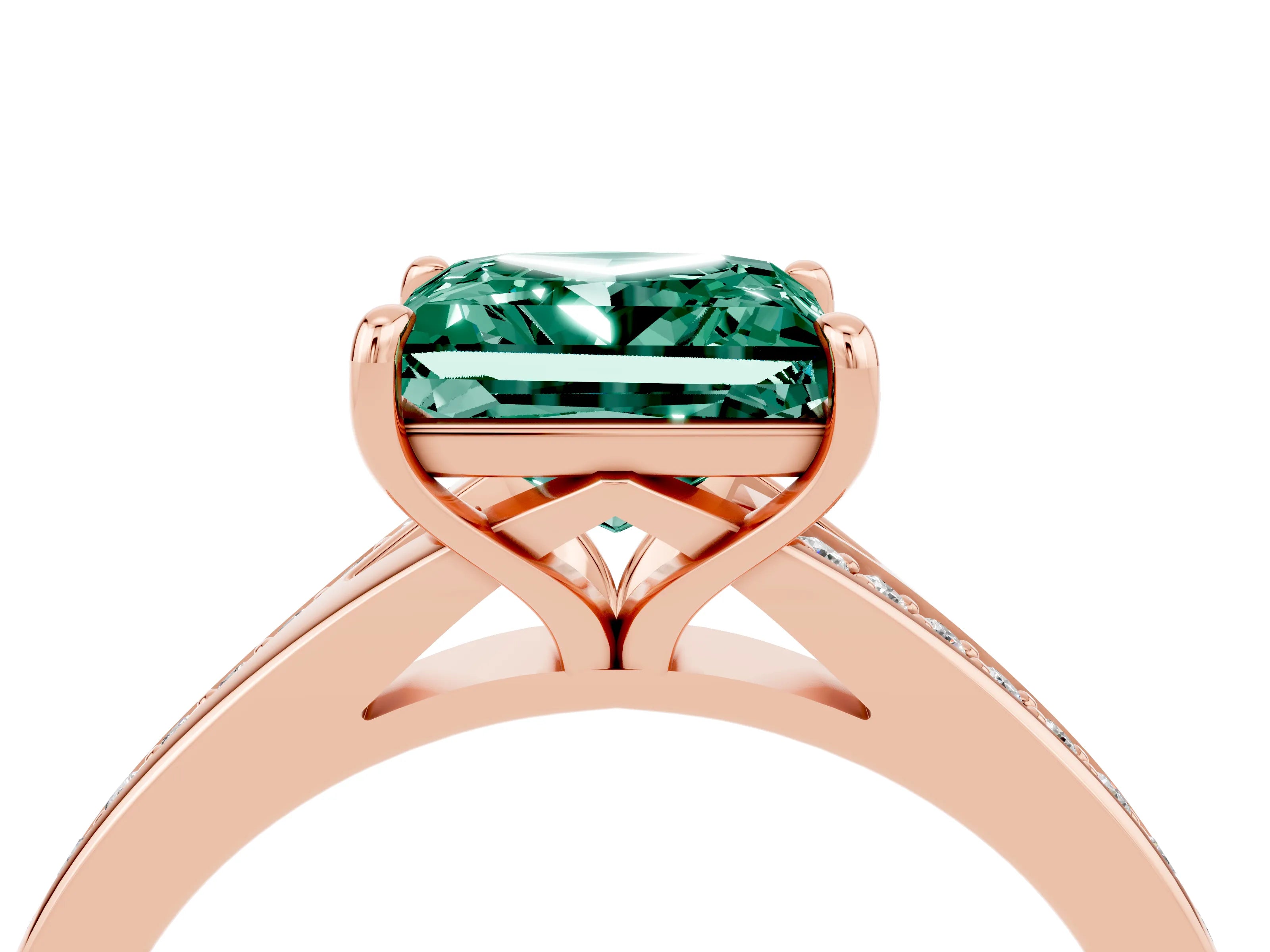 Rose gold Princess Cut Green Sapphire Solitaire Ring with Pavé Band and Prong Setting_16
