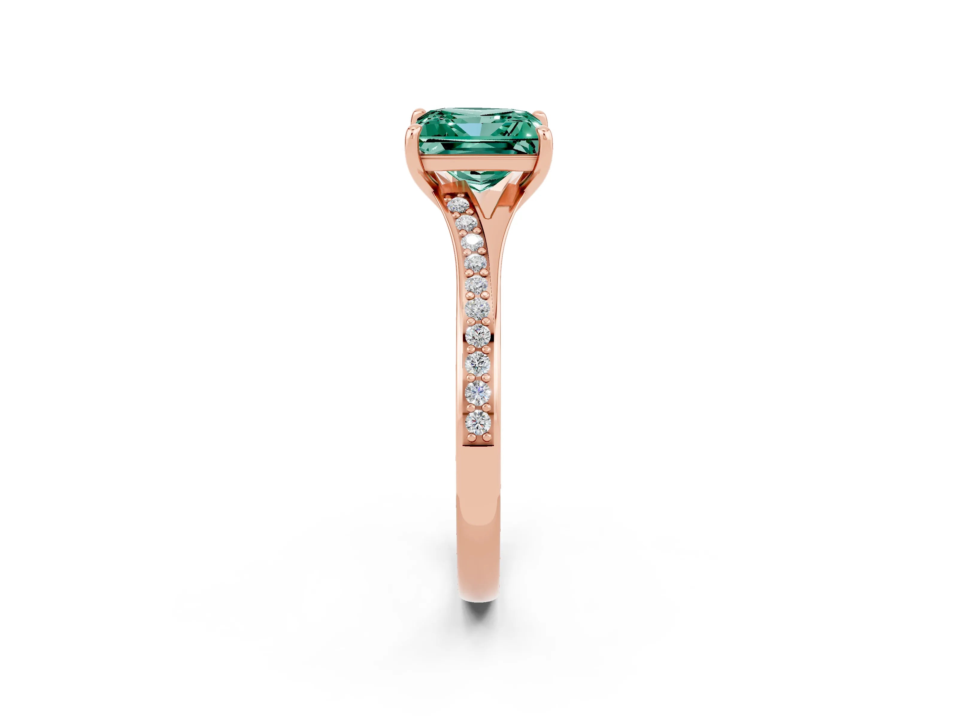 Rose gold Princess Cut Green Sapphire Solitaire Ring with Pavé Band and Prong Setting_2