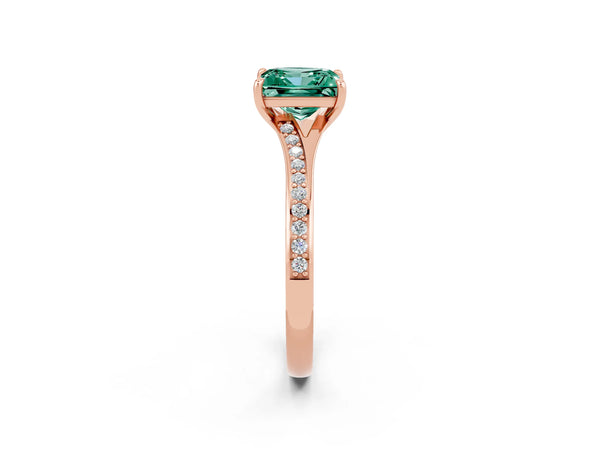 Rose gold Princess Cut Green Sapphire Solitaire Ring with Pavé Band and Prong Setting