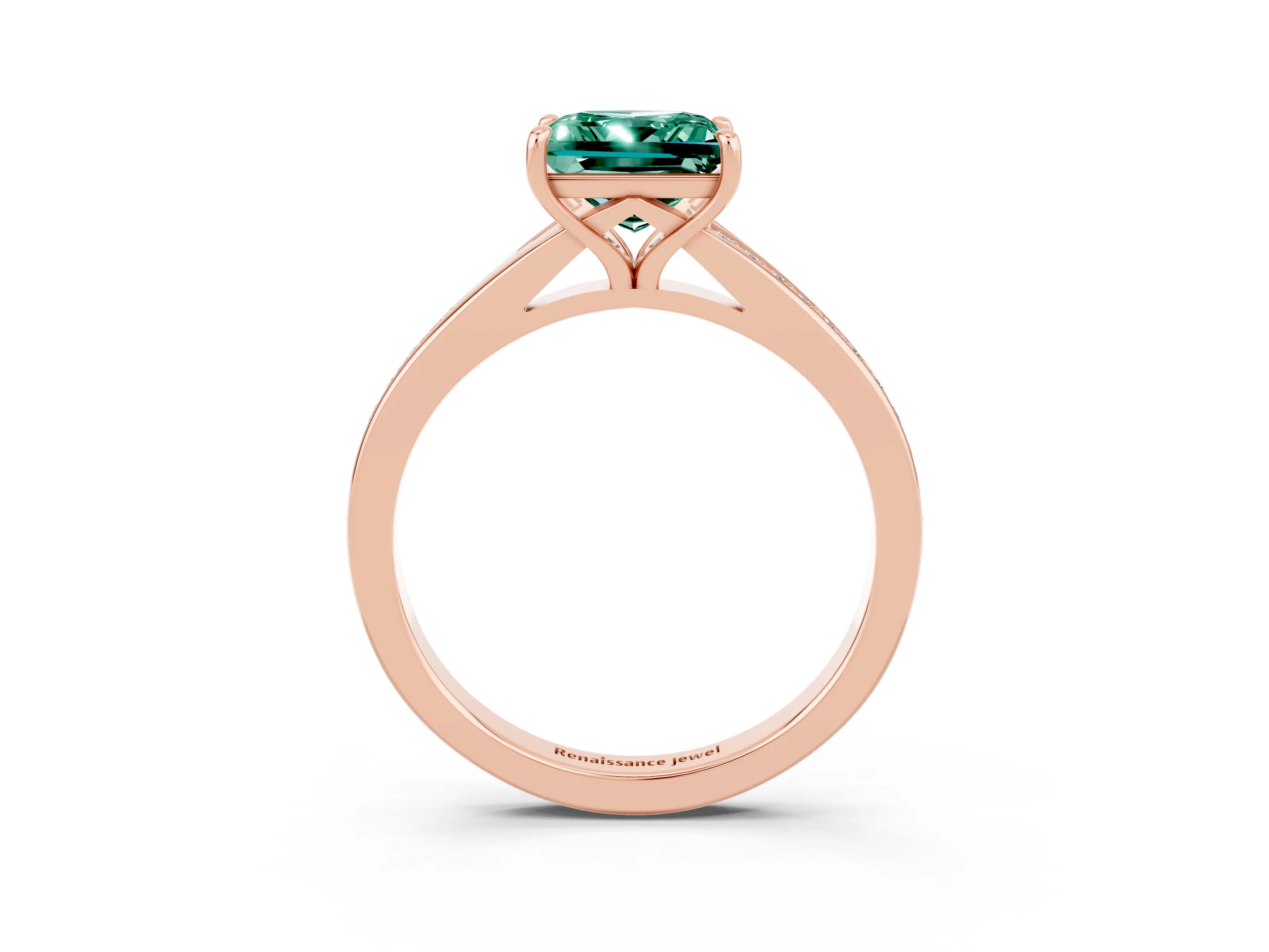 Rose gold Princess Cut Green Sapphire Solitaire Ring with Pavé Band and Prong Setting_3