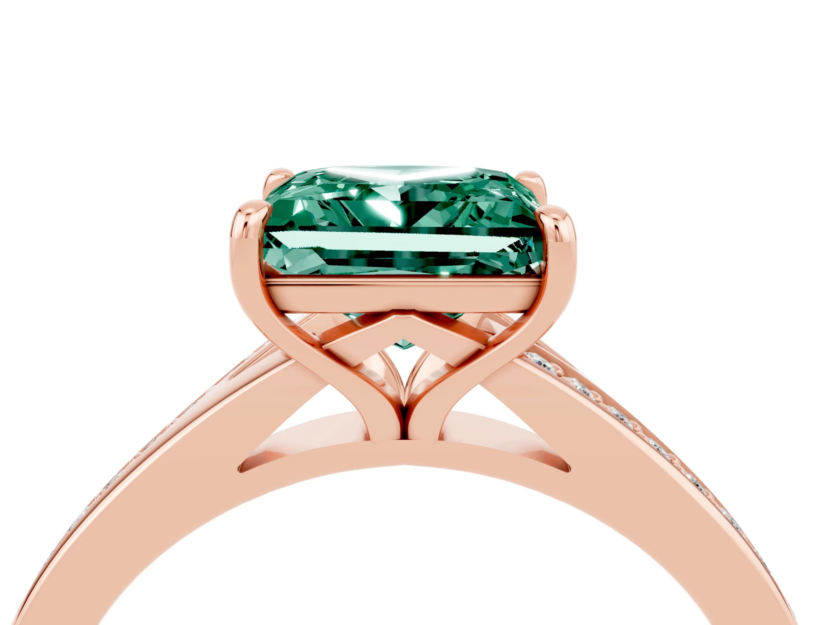 Rose gold Princess Cut Green Sapphire Solitaire Ring with Pavé Band and Prong Setting_4