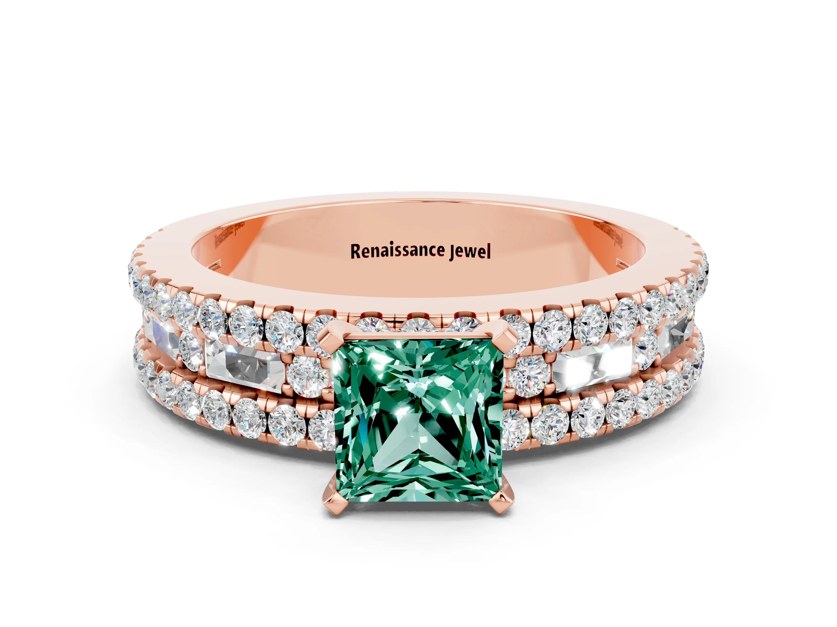 Rose gold Princess Cut Green Sapphire Solitaire Ring with Pavé and Channel Set Band