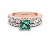 Rose gold Princess Cut Green Sapphire Solitaire Ring with Pavé and Channel Set Band