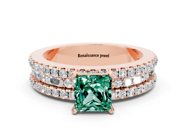 Rose gold Princess Cut Green Sapphire Solitaire Ring with Pavé and Channel Set Band